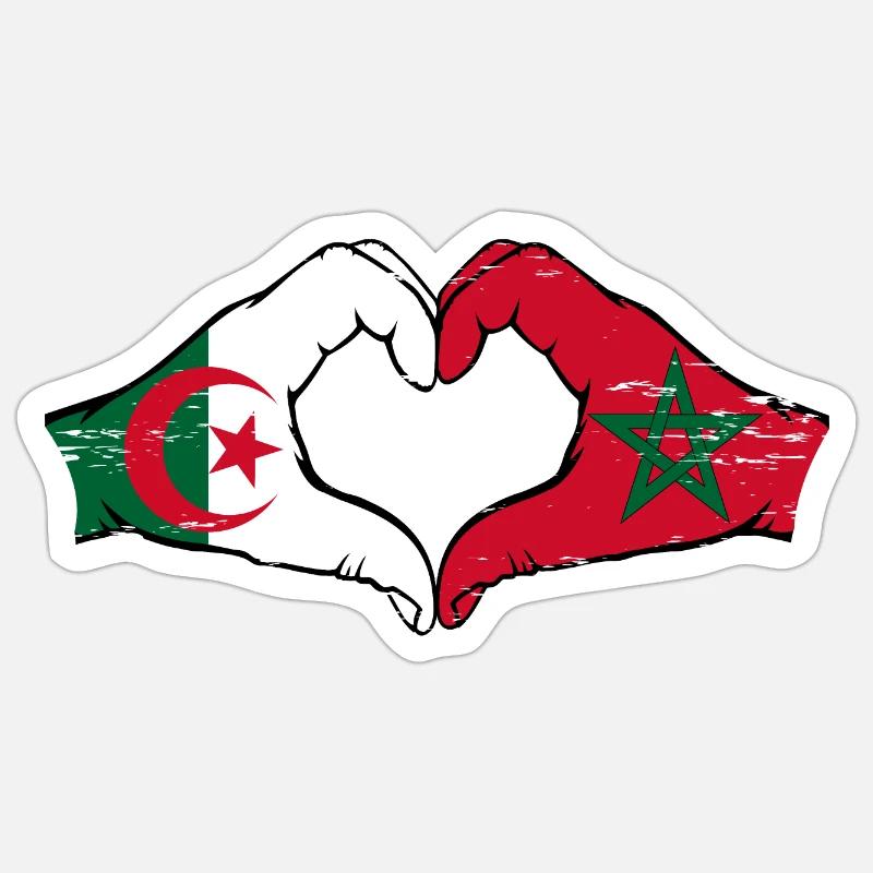 Algérie Maroc Drapeau Mains Coeur Forme Utilisé - Sticker taille S (10 x 10 cm) - blanc mat