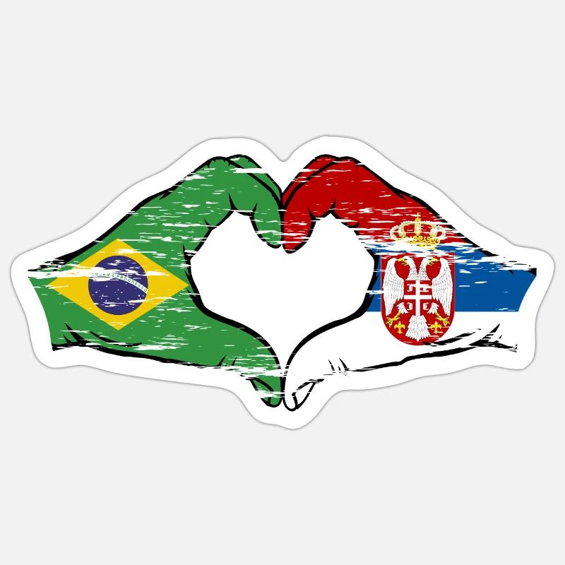 Brésil Serbie drapeau forme de coeur utilisé - Sticker taille S (10 x 10 cm) - blanc mat