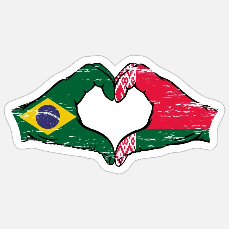 Brésil Biélorussie drapeau mains forme de coeur utilisé Sticker taille S (10 x 10 cm)