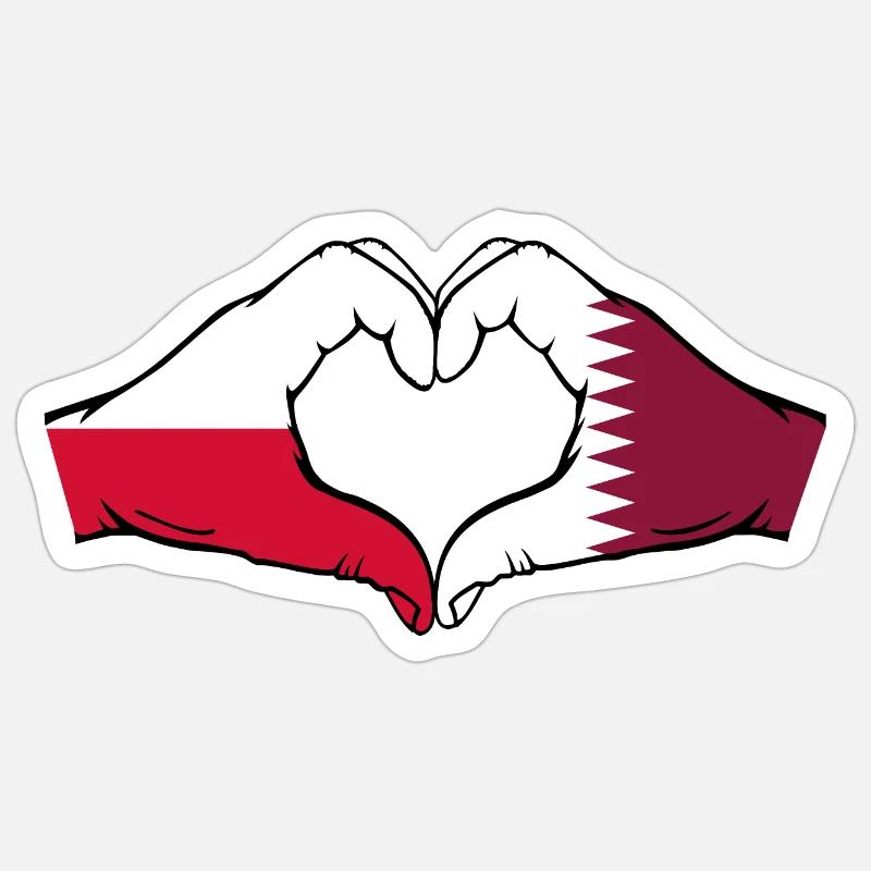 Pologne Qatar drapeau mains coeur - Sticker taille S (10 x 10 cm) - blanc mat