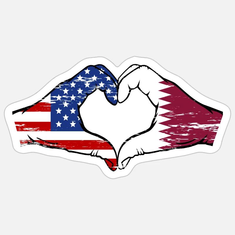 États-Unis, drapeau du Qatar, mains, forme de coeur utilisé - Sticker taille S (10 x 10 cm) - blanc mat