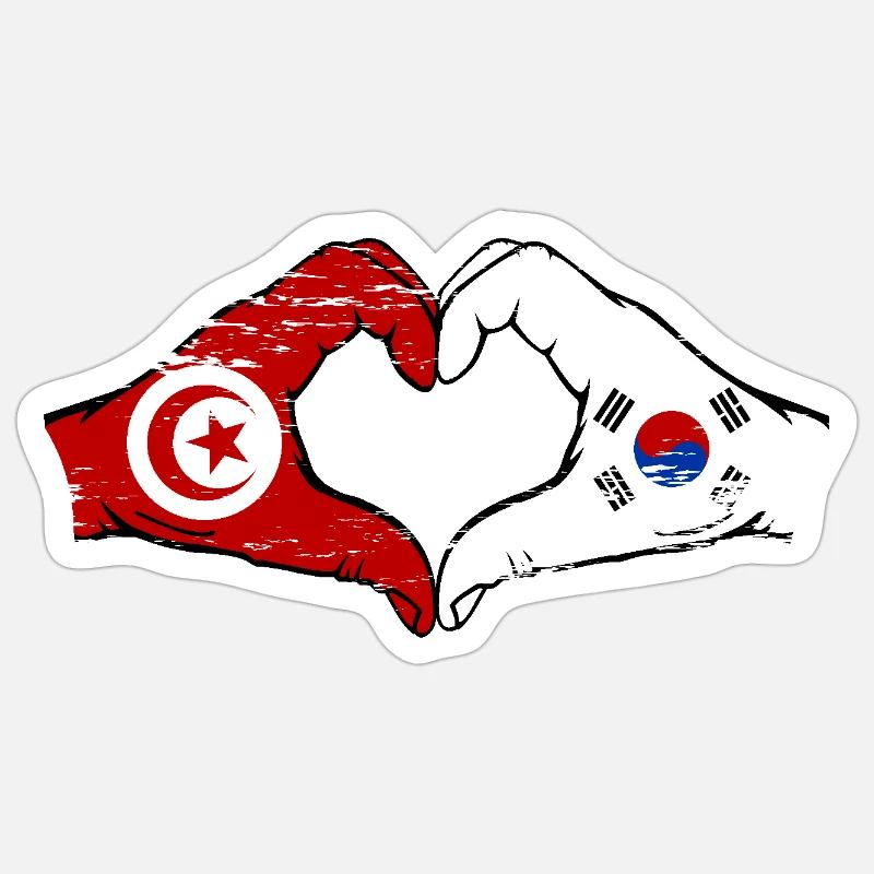 Tunisie Corée du Sud Drapeau Mains Coeur Forme Utilisé Sticker taille S (10 x 10 cm)
