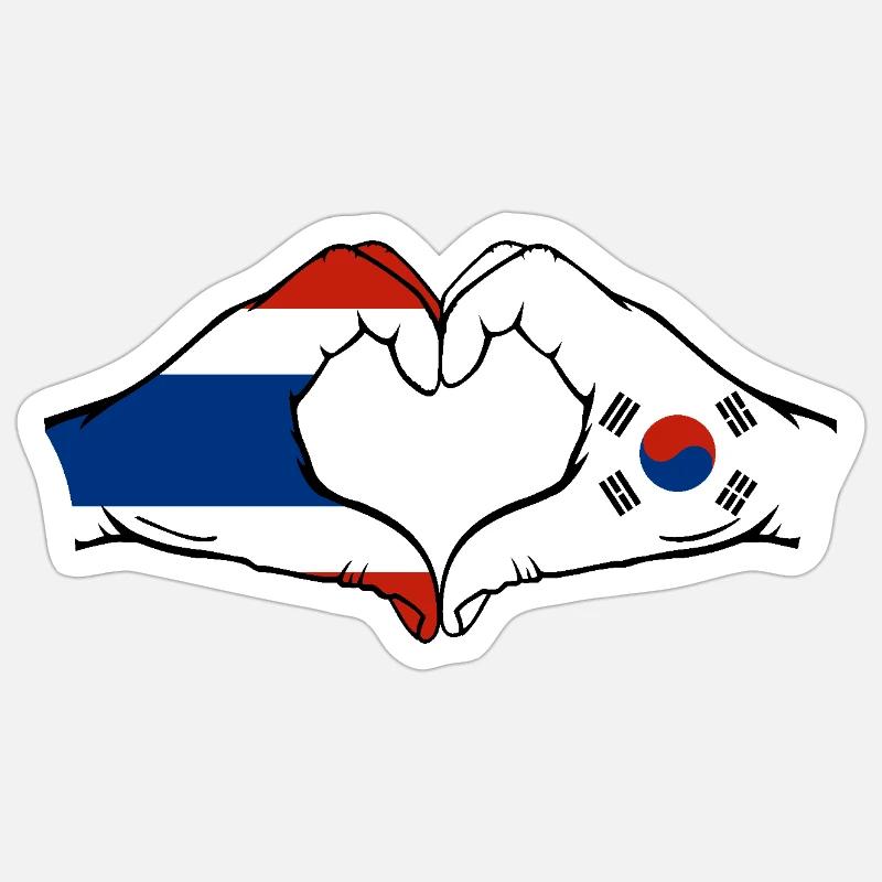 Thaïlande Corée du Sud Drapeau Mains Coeur Forme Sticker taille S (10 x 10 cm)