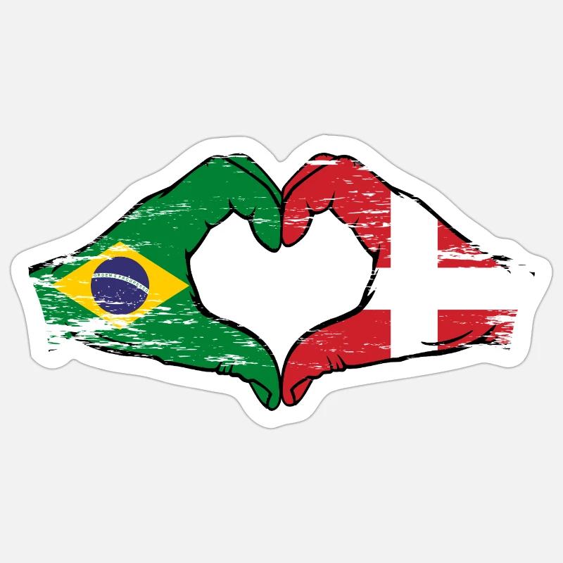 Brésil Danemark drapeau mains forme de coeur utilisé - Sticker taille S (10 x 10 cm) - blanc mat
