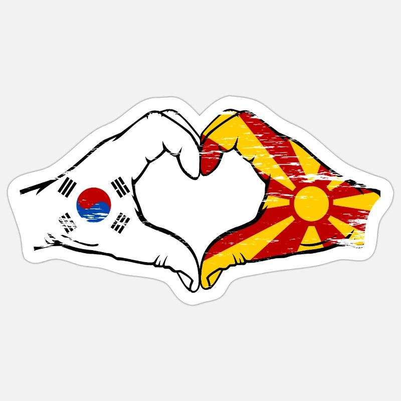 Corée du Sud Macédoine drapeau mains forme de coeur utilisé Sticker taille S (10 x 10 cm)