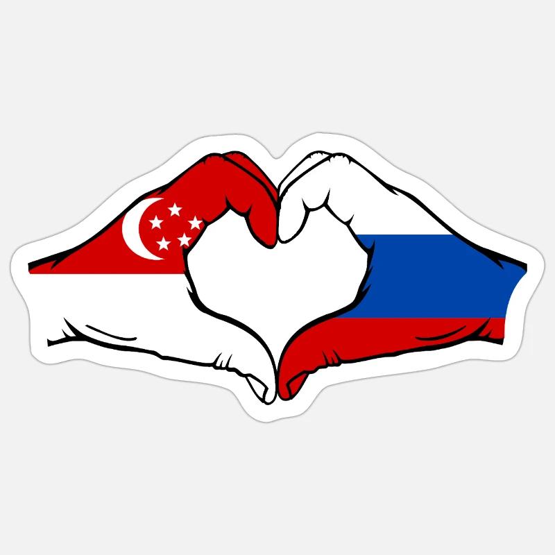 Singapour Russie Drapeau Mains Coeur Forme Sticker taille S (10 x 10 cm)