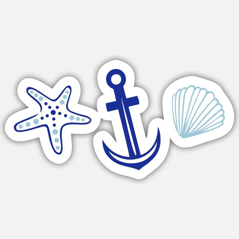 Ancre avec les étoiles de mer et le coquillage. - Sticker taille S (10 x 10 cm) - blanc mat