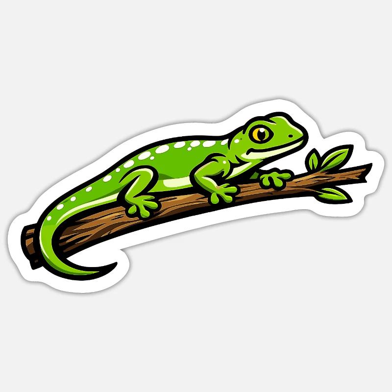 Gecko vert sur branche – illustration éclatante - Sticker taille S (10 x 10 cm) - blanc mat