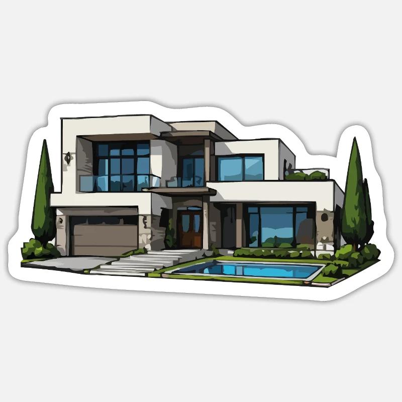 Moderne Villa mit Pool - Sticker Größe S (10 x 10 cm) - Mattweiß