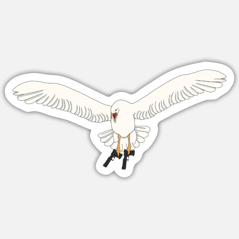 Möwe mit Pistolen - Sticker Größe S (10 x 10 cm) - Mattweiß