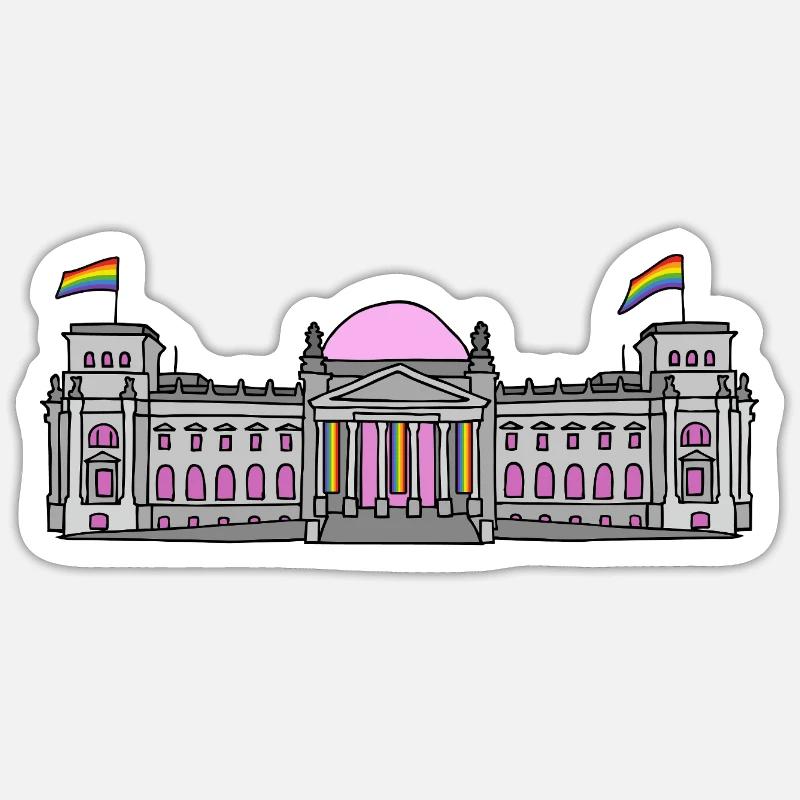 Der Bundestag in Berlin mit Regenbogenfahnen Sticker Größe S (10 x 10 cm)
