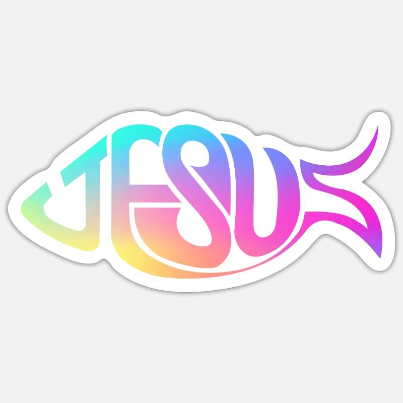 Jésus Poisson Arc-en-ciel - Sticker taille S (10 x 10 cm) - blanc mat