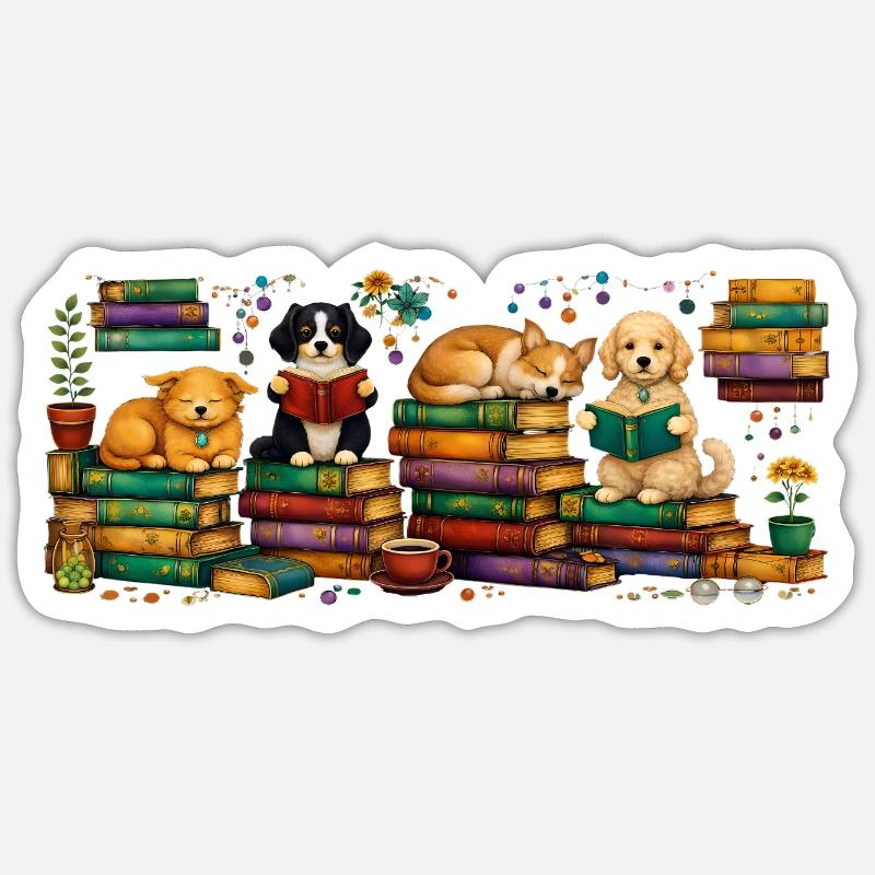 Lesende Hunde mit Bücherstapeln - Sticker Größe S (10 x 10 cm) - Mattweiß