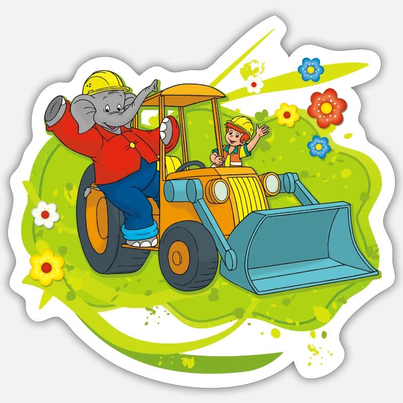 Benjamin Blümchen und Otto mit Schaufelbagger - Sticker Größe S (10 x 10 cm) - Mattweiß