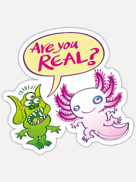 Alien surprised wonders if the axolotl is real - Sticker size S (10 x 10 cm) - white matte