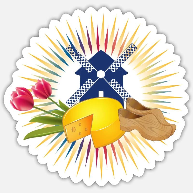 Windmühle mit Tulpen ,Clogs und holländischen Käse - Sticker Größe S (10 x 10 cm) - Mattweiß