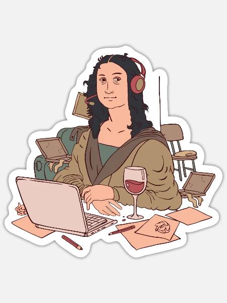 Kunst Da-Vinci Mona-Lisa arbeitet im Home-Office - Sticker Größe S (10 x 10 cm) - Mattweiß