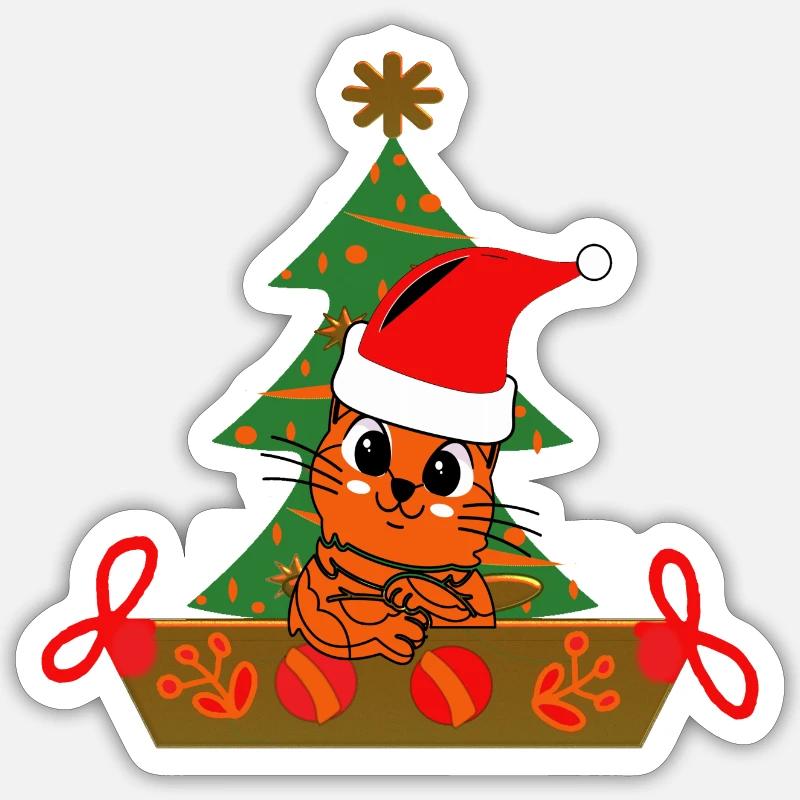Drôle de chat de Noël - Sticker taille S (10 x 10 cm) - blanc mat
