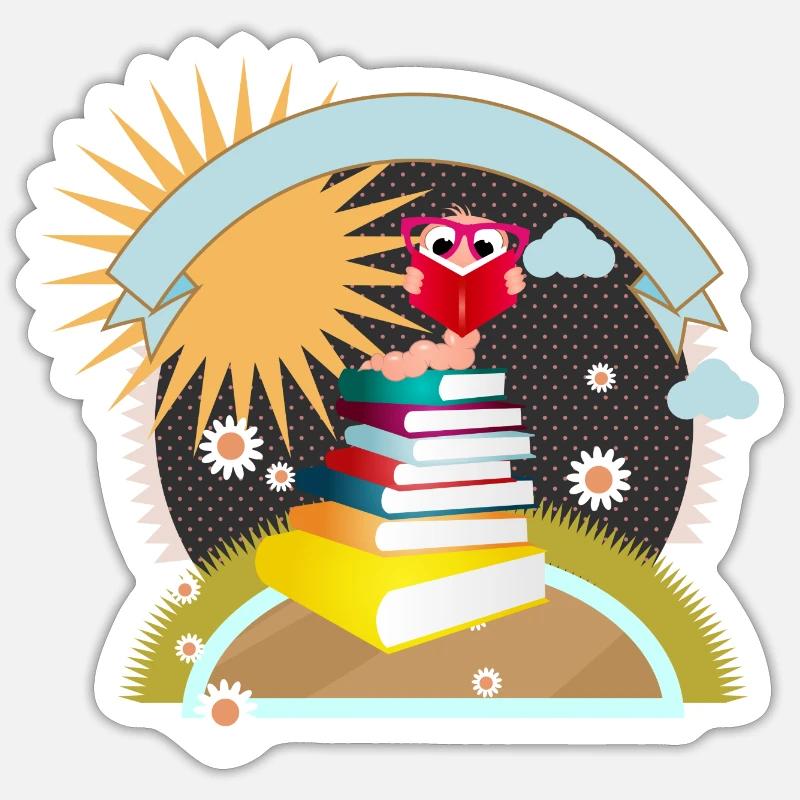 kleiner Bücherwurm mit Wissensdurst ließt ein Buch - Sticker Größe S (10 x 10 cm) - Mattweiß