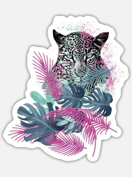 leopard, katze,wildkatze,malerei,blätter,dschungel - Sticker Größe S (10 x 10 cm) - Mattweiß