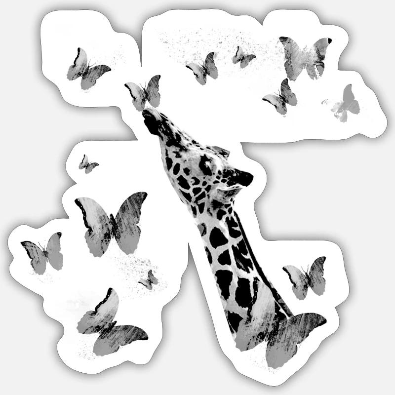 giraffe, schmetterlinge,hals,fliegen,bunt,malerei - Sticker Größe S (10 x 10 cm) - Mattweiß