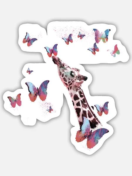 giraffe, schmetterlinge,hals,fliegen,bunt,malerei - Sticker Größe S (10 x 10 cm) - Mattweiß
