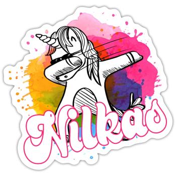 NIKLAS - Beau nom de garçon avec licorne cool - Sticker taille S (10 x 10 cm) - blanc mat - Devant