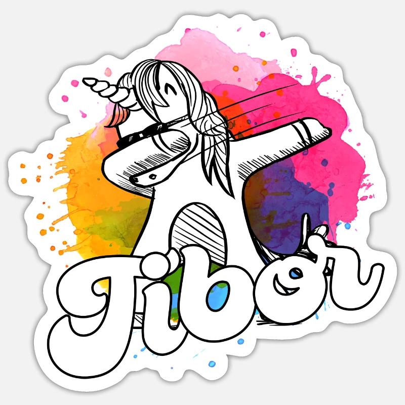 TIBOR - Beau nom de garçon avec licorne cool - Sticker taille S (10 x 10 cm) - blanc mat