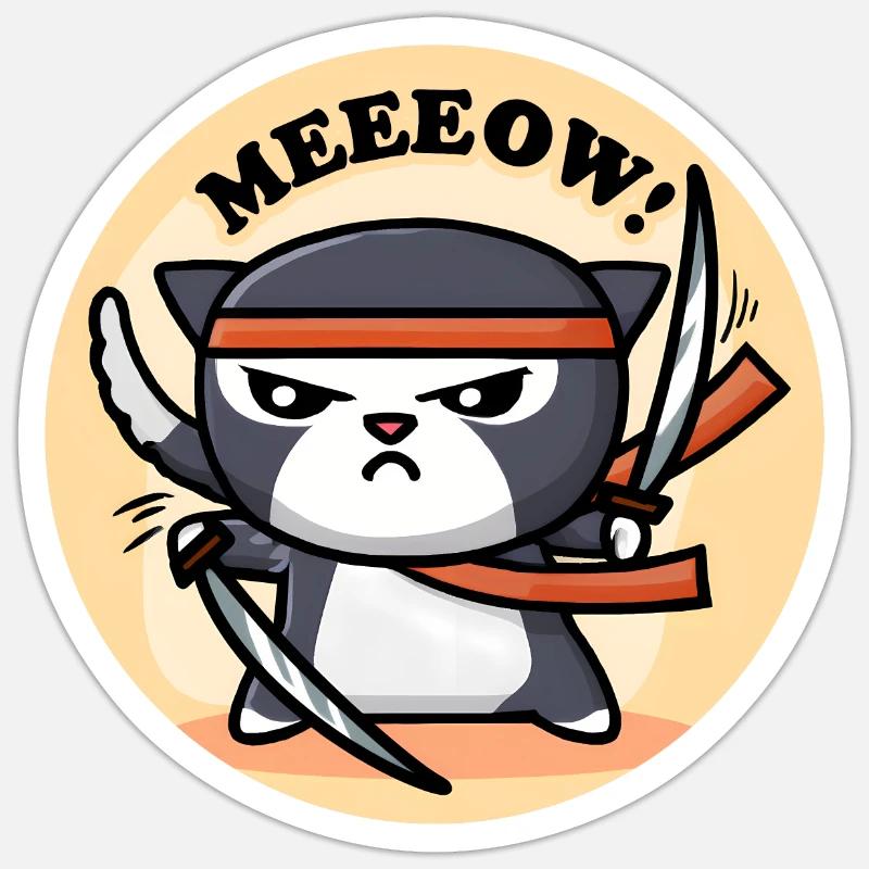 Mignon Chat Ninja - Sticker taille S (10 x 10 cm) - blanc mat