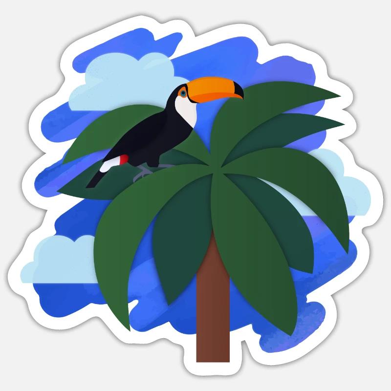 Toucan (palmier, ciel) - Sticker taille S (10 x 10 cm) - blanc mat