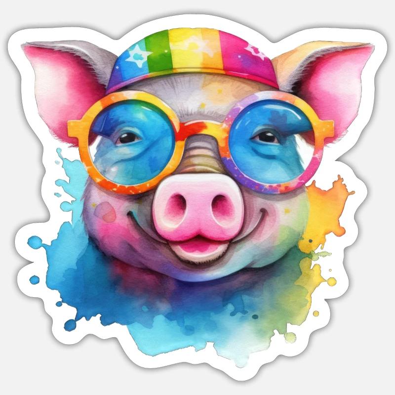 Cochon cool coloré avec des lunettes de soleil - Sticker taille S (10 x 10 cm) - blanc mat