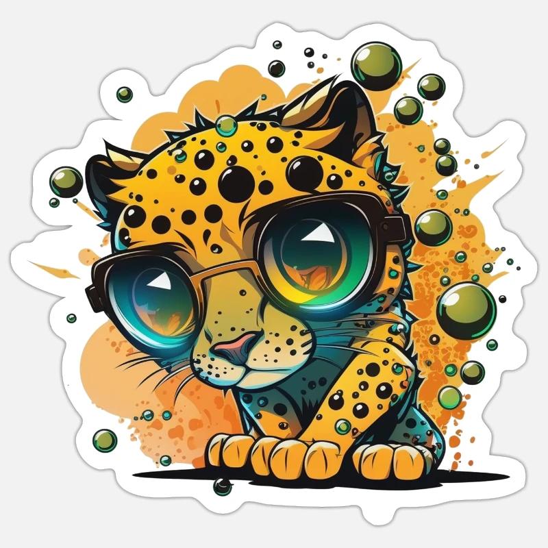 Léopard Googly Eyes Nerd Lunettes - Sticker taille S (10 x 10 cm) - blanc mat