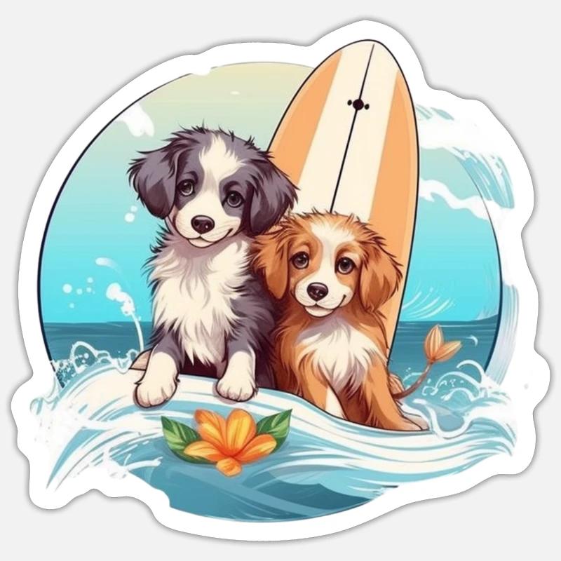 Deux chiens de surf Sticker taille S (10 x 10 cm)