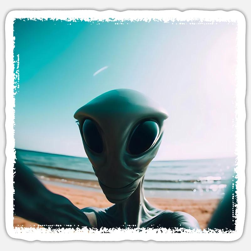 Alien Beach Selfie - Sticker taille S (10 x 10 cm) - blanc mat