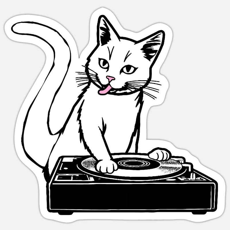 Cat as DJane at the turntable while scratching Sticker size S (10 x 10 cm)