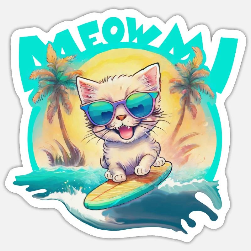 Chaton Surfeur - Sticker taille S (10 x 10 cm) - blanc mat