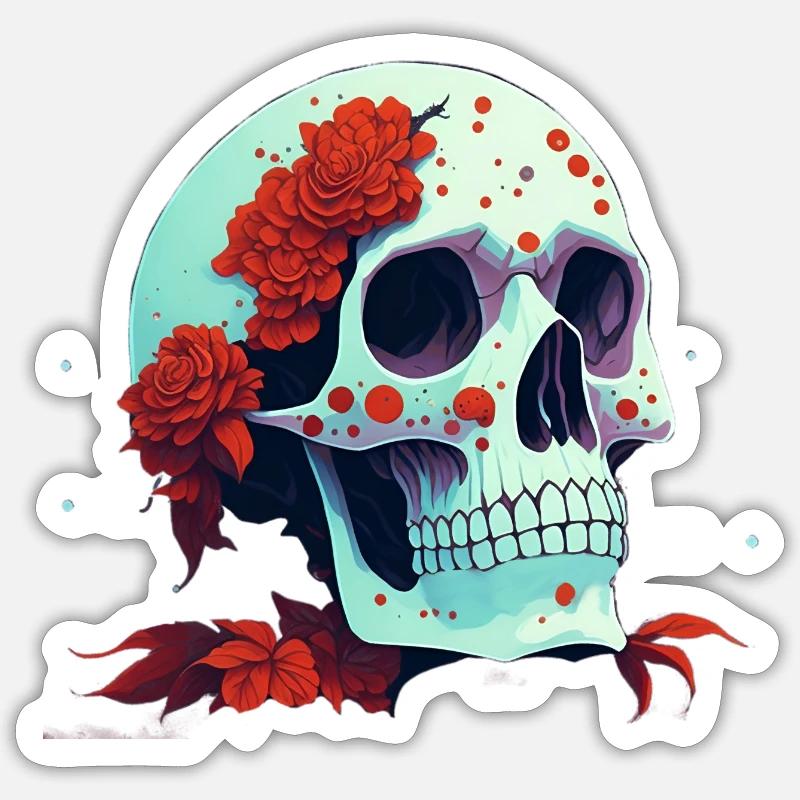 Crâne à fleurs rouges - Sticker taille S (10 x 10 cm) - blanc mat