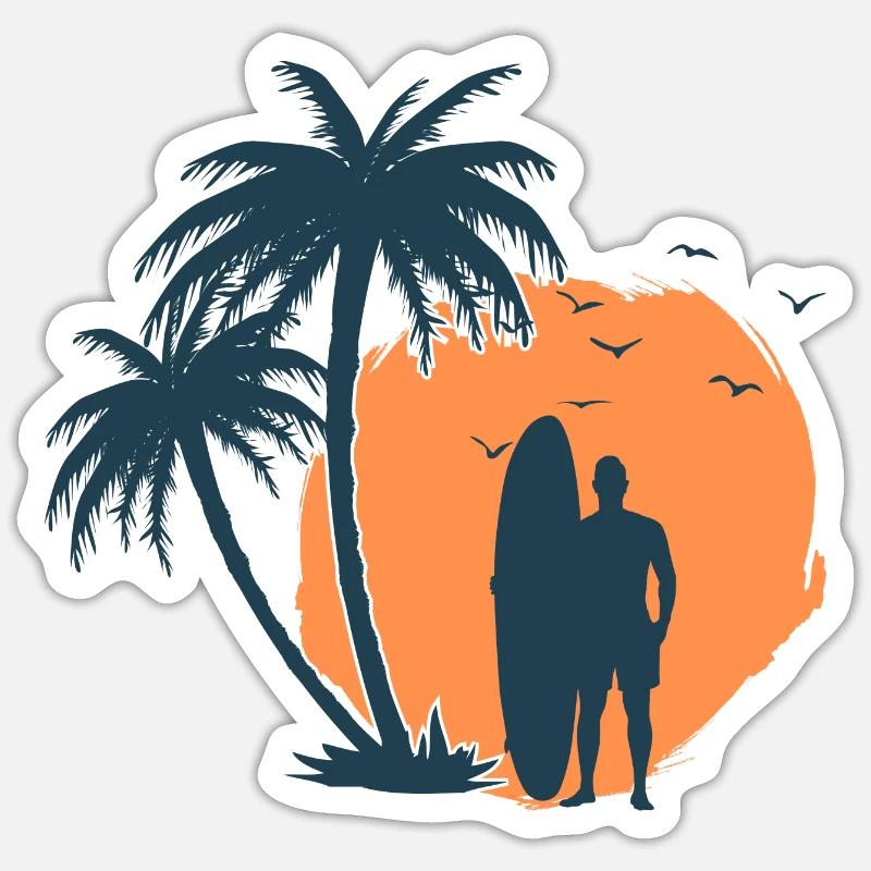 Surfeur palmier plage 1 Sticker taille S (10 x 10 cm)