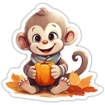 Singe d’automne à la citrouille et à la pomme - Sticker taille S (10 x 10 cm) - blanc mat - Devant