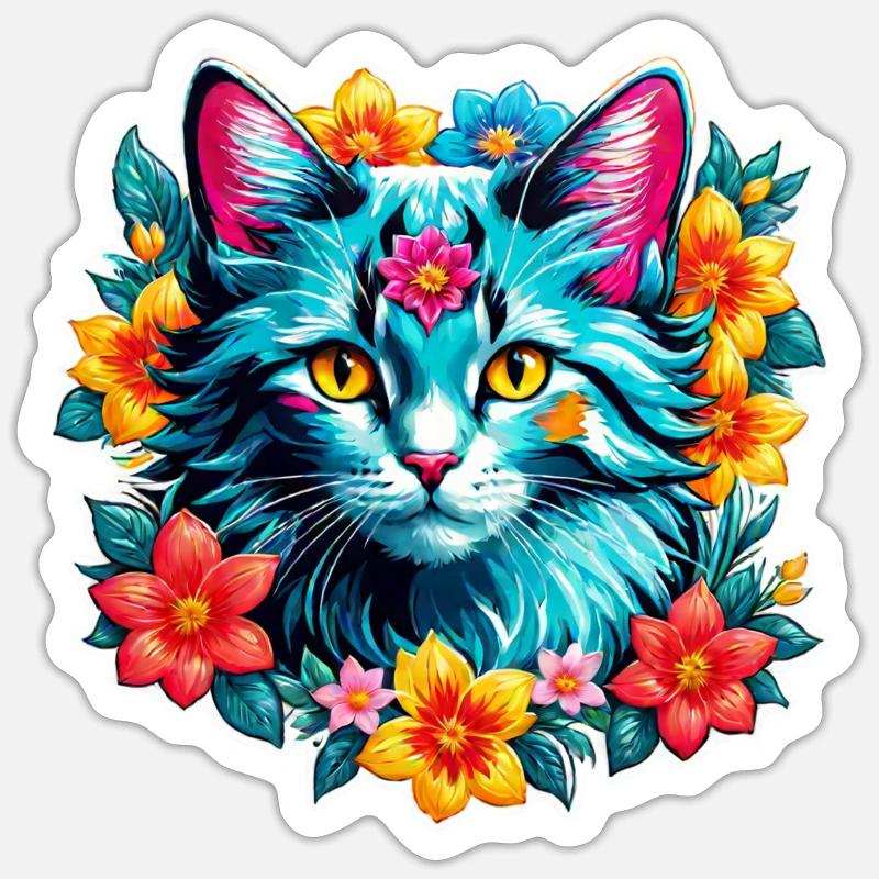 chat et fleur aquarelle - Sticker taille S (10 x 10 cm) - blanc mat