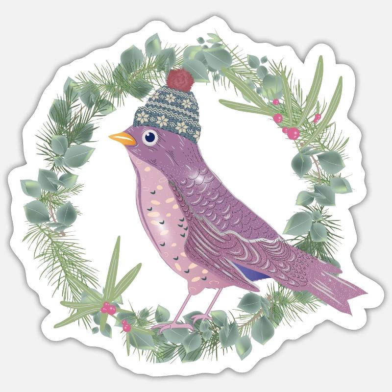 Uccello con vischio ed eucalipto in stato d'animo invernale - Sticker formato S (10 x 10 cm) - bianco opaco