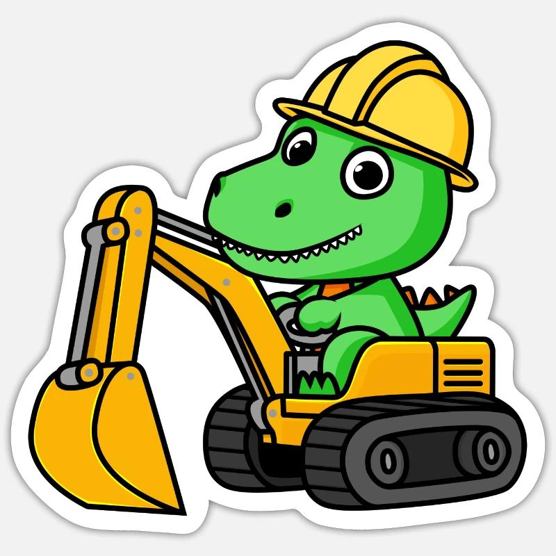 Dino Dinosaurier Bagger Baustelle Bauarbeiter - Sticker Größe S (10 x 10 cm) - Mattweiß
