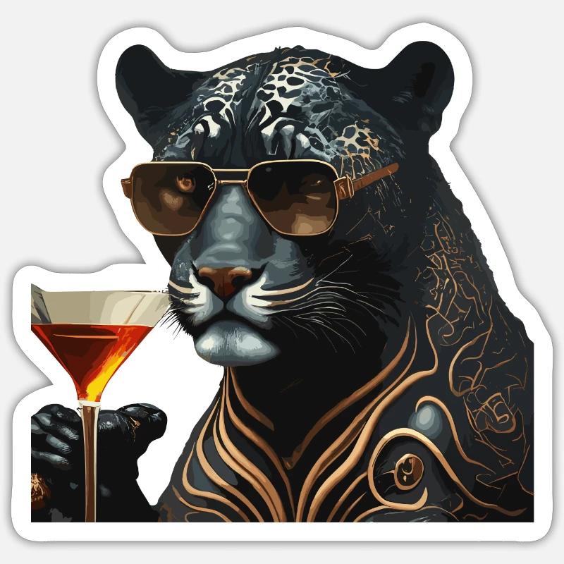 Panthère chic avec lunettes de soleil et boisson Sticker taille S (10 x 10 cm)