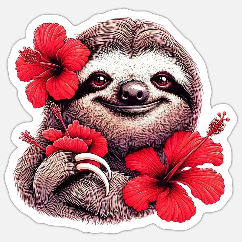 Faultier mit Hibiskusblüten - Sticker Größe S (10 x 10 cm) - Mattweiß