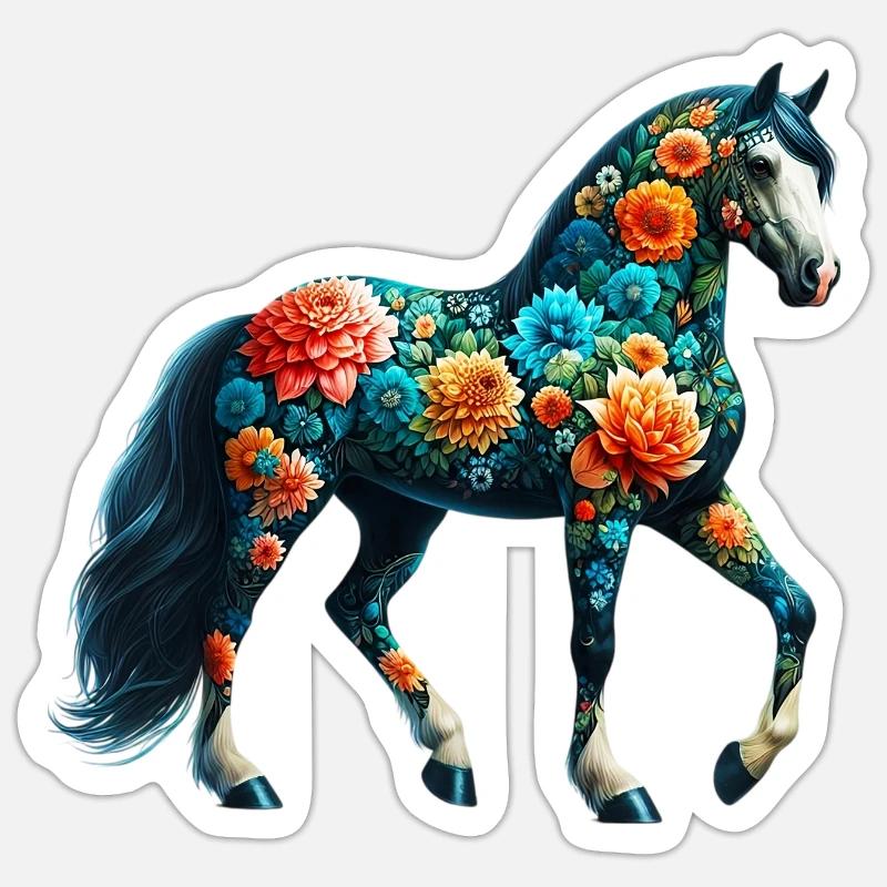 Cheval décoré de fleurs Sticker taille S (10 x 10 cm)