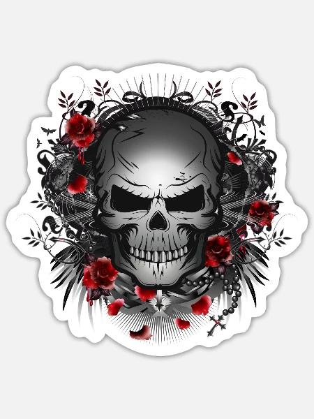 dunkler Gothic Skull mit roten Rosen - Sticker Größe S (10 x 10 cm) - Mattweiß