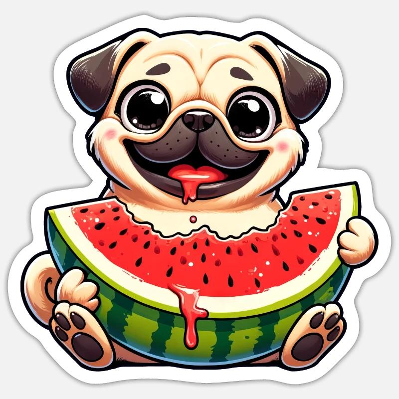 Pug with Melon Cute Cartoon - Sticker size S (10 x 10 cm) - white matte