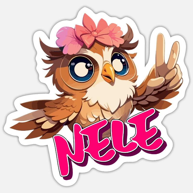 NELE - Schöner Mädchen Name mit süßer EULE - Sticker Größe S (10 x 10 cm) - Mattweiß