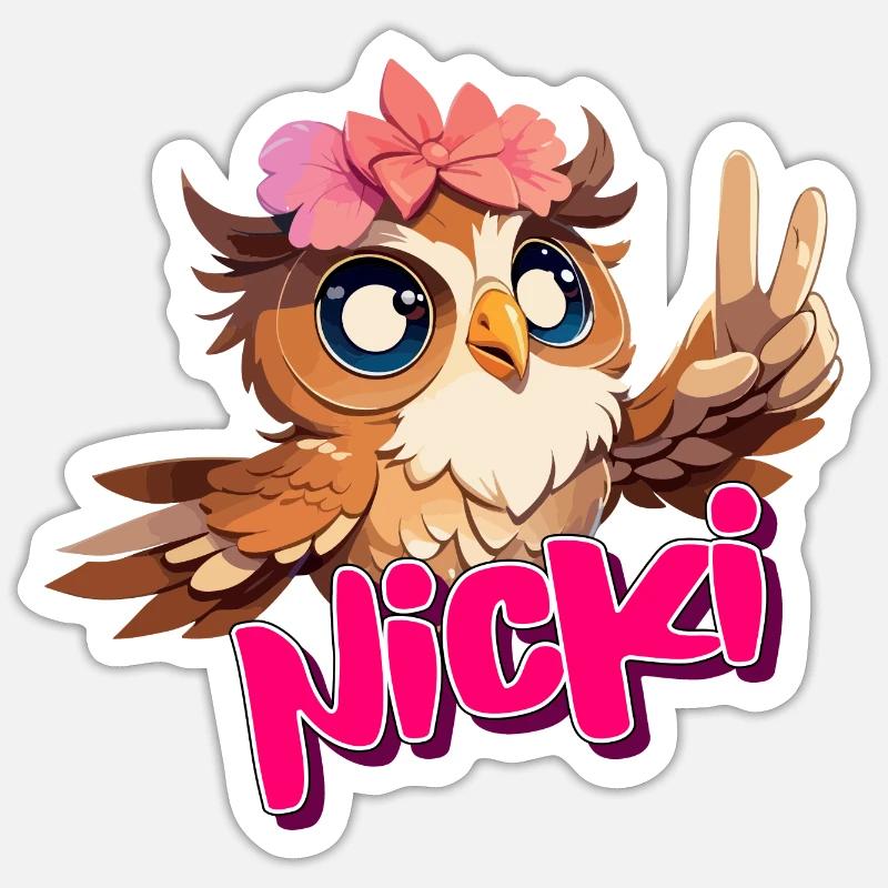 NICKI - Schöner Mädchen Name mit süßer EULE Sticker Größe S (10 x 10 cm)