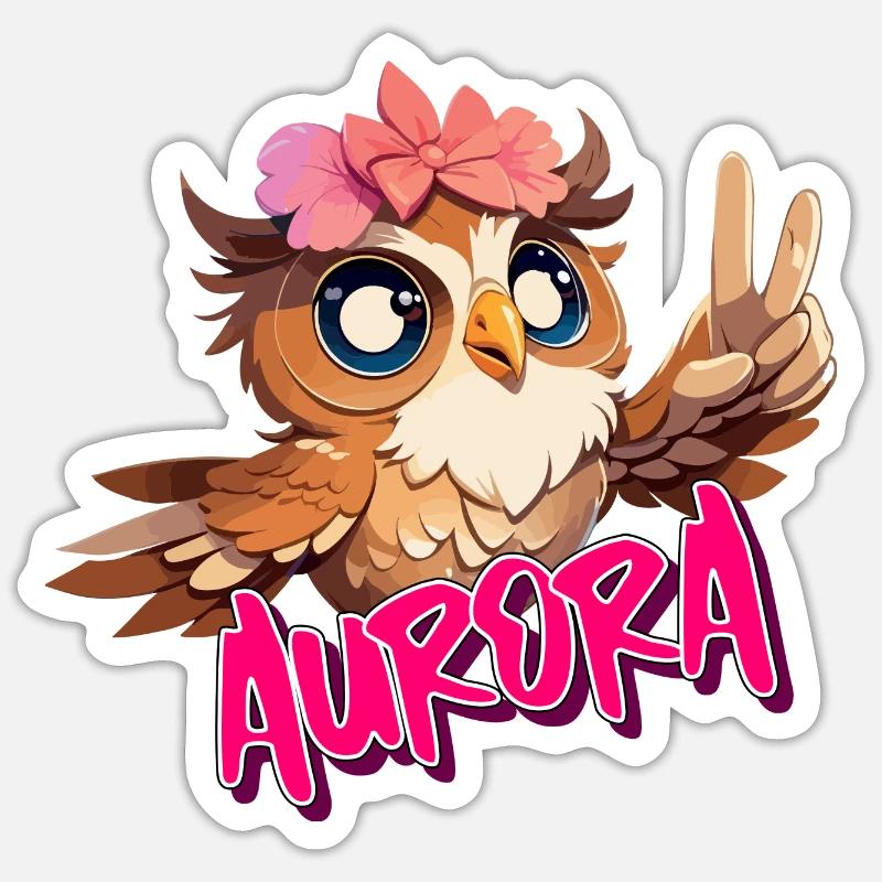AURORA - Schöner Mädchen Name mit süßer EULE Sticker Größe S (10 x 10 cm)